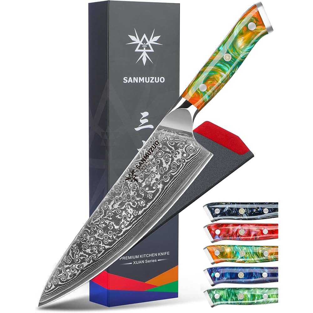 SANMUZUO Couteau de Chef en Damas - Lame de 20cm - Japonais en Acier de Damas 67 Couches Couteau de Cuisine - Manche en Résine (Orange Fantastique) - Xuan Série : Cuisine et Maison