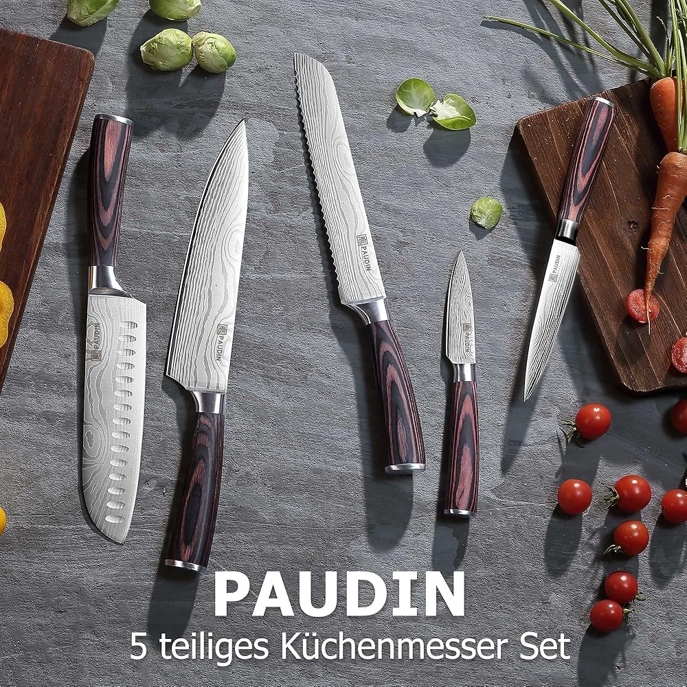PAUDIN Set Couteau Cuisine Professionnel, 5 Pièces Ensembles de Couteau Japonais Tranchants, Acier Inoxydable, Couteau de Chef Santoku Universel Fruit Pain, Manche en Bois : Cuisine et Maison