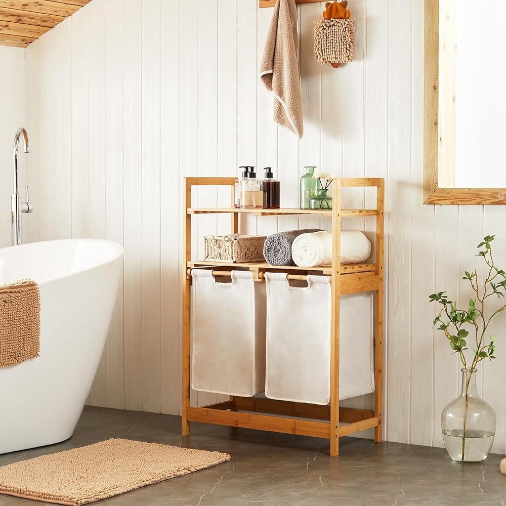 YOUDENOVA Panier à linge en bambou avec 2 étagères et 2 sacs à linge extensibles pour chambre à coucher, salle de bain ou buanderie, 93 x 64 x 33 cm, ivoire : Cuisine et Maison