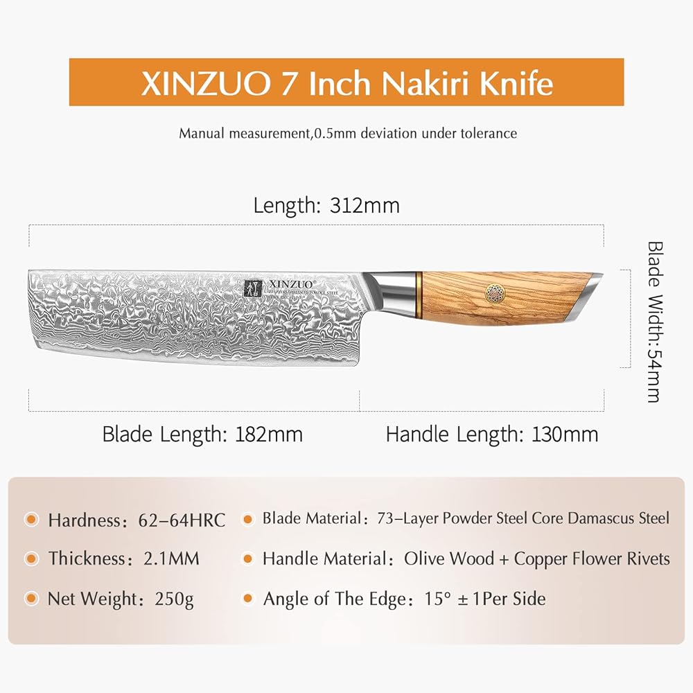 XINZUO Acier en Poudre de Damas 18.2cm Couteau Nakiri, Tranchants Couteaux de Cuisine Acier Damas 73 Couches Couteau à Légumes Couteau de Chef-Poignée Ergonomique en Bois d'Olivier : Cuisine et Maison