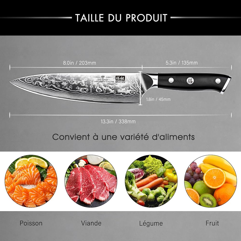SHAN ZU Couteau Japonais de Chef 20cm, Couteau Damas en Acier Japonais 67 Couches Super Tranchant, Poignée G10 - PRO Series : Cuisine et Maison