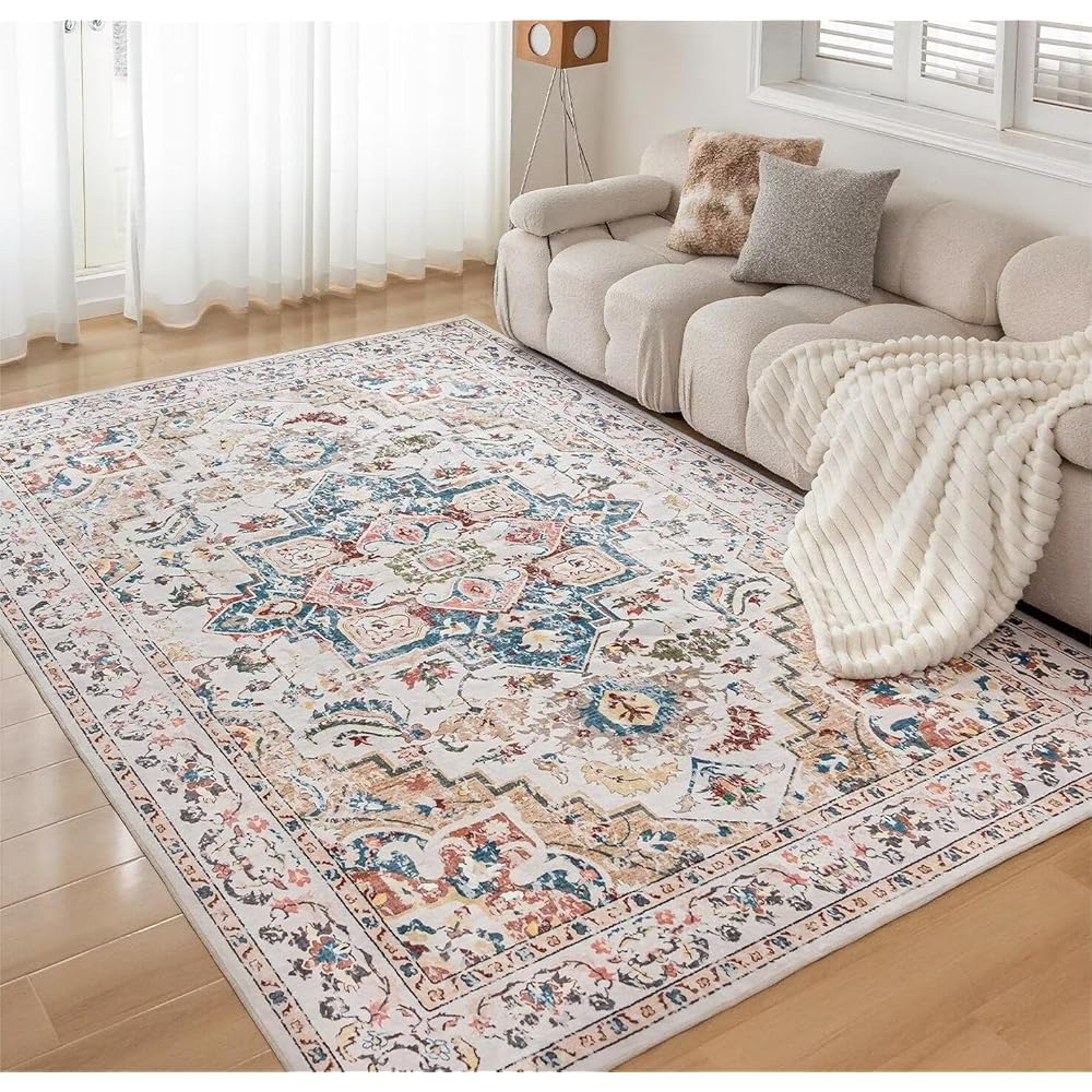 CHOSHOME Grand tapis vintage classique et antidérapant en fausse laine lavable en machine pour salon et chambre à coucher Beige 160 x 230 cm : Cuisine et Maison