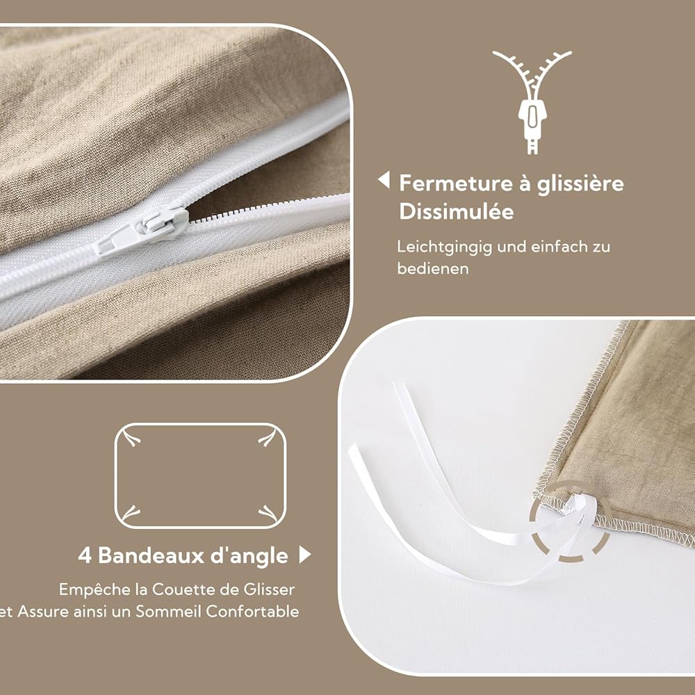 SOULFUL Housse de Couette 220x240 Gaze de Coton Beige-Café, Parure de Housse de Couette avec Fermeture Éclair, Certifié Oeko-TEX, Parure de Lit 2 Personnes 220x240 cm avec 2 Taie d'oreiller 65x65 cm : Cuisine et Maison