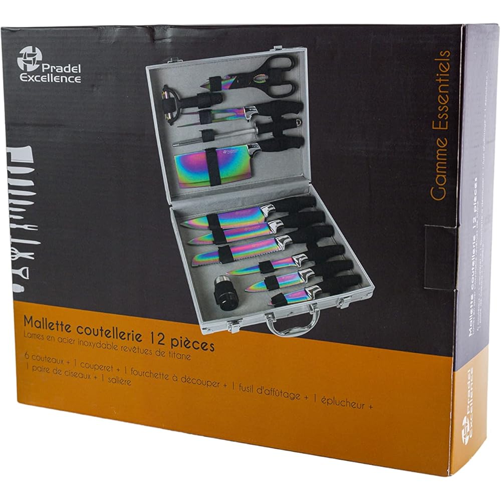 Pradel Excellence - Malette Coutellerie Essentiels 12 Pièces - 8 Couteaux + 1 Fusil d’Affûtage + 1 Fourchette + 1 Paire de Ciseaux + 1 Salière - Acier 3CR14, Revêtement Titane - Boîte Couleur : Cuisine et Maison