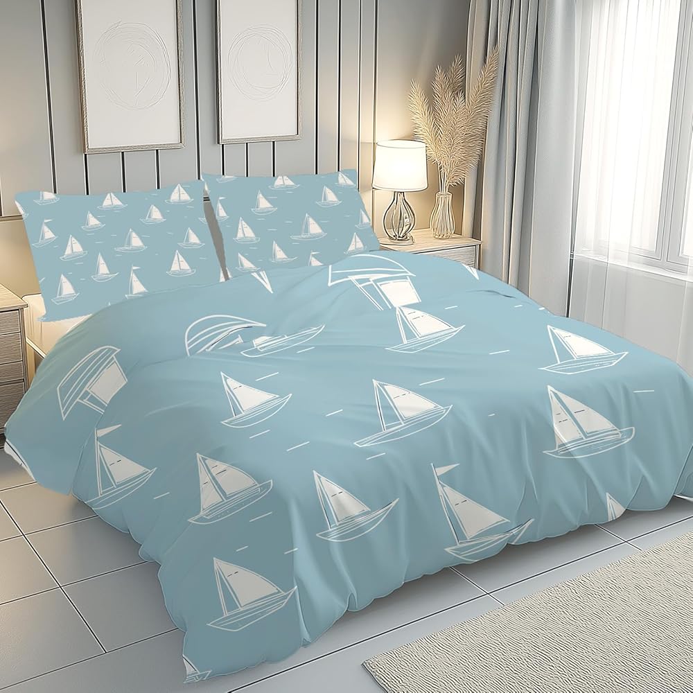 Sobhdga Parure de Lit Voilier Thème Nautique Côtier Aventure, Housse de Couette Thème de l'océan Réversible 220x240 2 Personnes Microfibre Douce avec Fermeture Éclair avec 2 Taies d'oreiller : Cuisine et Maison