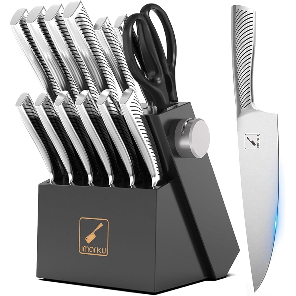 imarku Couteau Cuisine Professionnel, Set de 14 Couteaux de Cuisine en Acier Inoxydable, Bloc à Couteaux avec Aiguisoir, Poignée Ergonomique, Cadeau Fête des Pères : Cuisine et Maison