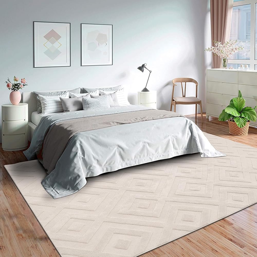SHACOS Tapis de Salon Grand à Poil Court Beige 160x230cm Tapis Descente de Lit Chambre Adulte Moderne Antidérapant Tapis Décoratif Style Bohème à Motif Géométrique pour Salon Chambre Couloir : Cuisine et Maison