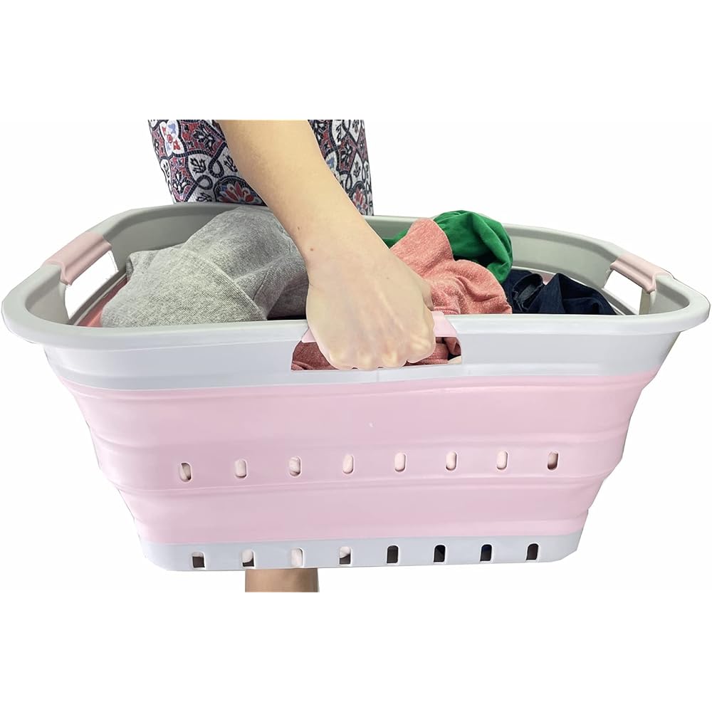 SAMMART Panier à Linge Pliable en Plastique 42L - Conteneur/Organisateur de Stockage Pliable Pop Up - Cuve de Lavage Portable - Panier/Panier Gain de Place (Gris/Rose Pâle) : Cuisine et Maison