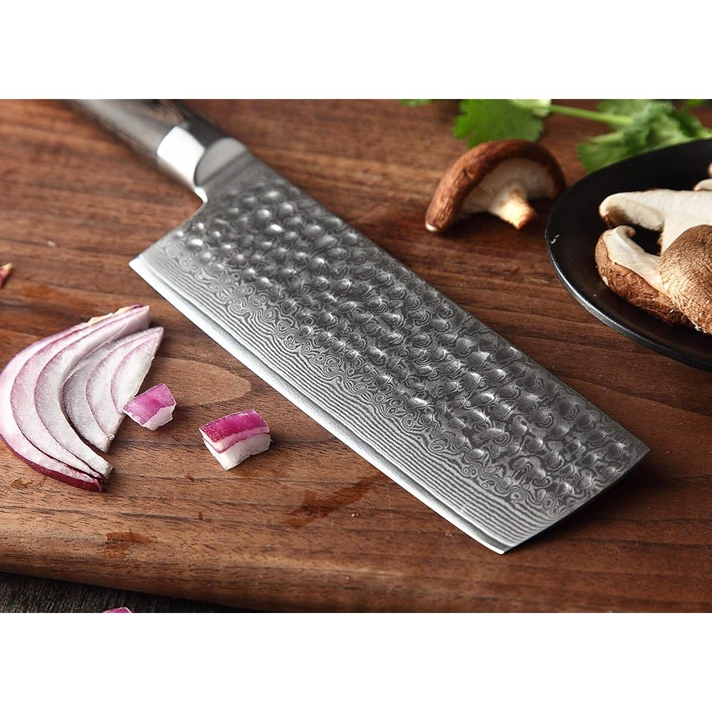 XINZUO 17cm Couteau Nakiri Acier Damas, Couteau à Légumes Chef en 10Cr15CoMoV Acier Damas, Professionnel Finition Martelée Lames Bien Tranchantes avec Poignée en Bois de Pakka -He Série : Cuisine et Maison
