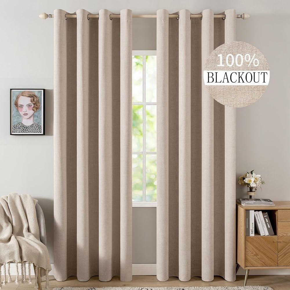 MIULEE Rideaux Opaques Isolants Thermiques avec Oeillets en Lin 100% Occultants - Protection Contre Le Froid pour Le Salon, Lot de 2, 140 x 260 cm, Beige : Cuisine et Maison