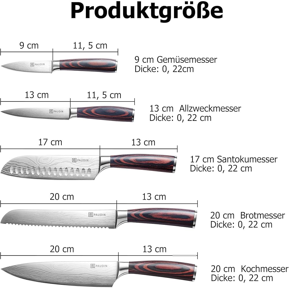 PAUDIN Set Couteau Cuisine Professionnel, 5 Pièces Ensembles de Couteau Japonais Tranchants, Acier Inoxydable, Couteau de Chef Santoku Universel Fruit Pain, Manche en Bois : Cuisine et Maison