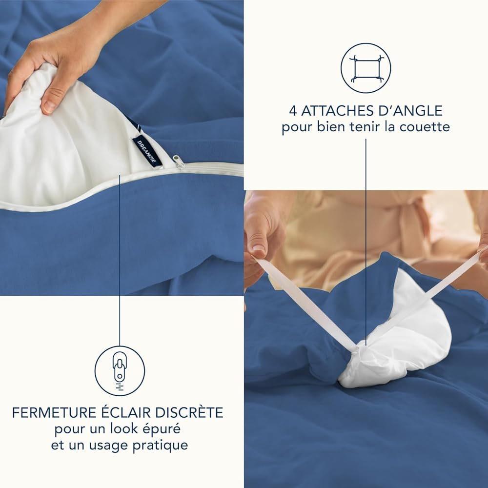 Dreamzie - Housse de Couette Gaze de Coton 240x220 cm avec 2 Taie Oreiller 80x80 cm - Bleu - Parure de Lit 240x220 Adulte - Certifié sans Produits Chimiques (Oeko TEX) : Cuisine et Maison