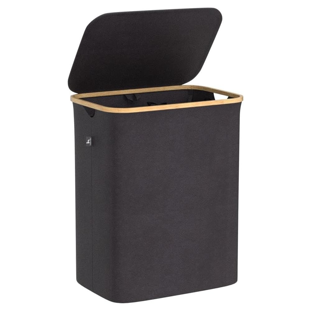 HENNEZ Panier à Linge Sale 140L - Panier a Linge 2 Compartiment - Bac a Linge Sale Pliable avec Couvercle, Poignée en Bambou - Corbeille a Linge pour Buanderie, Gris Fonce : Cuisine et Maison