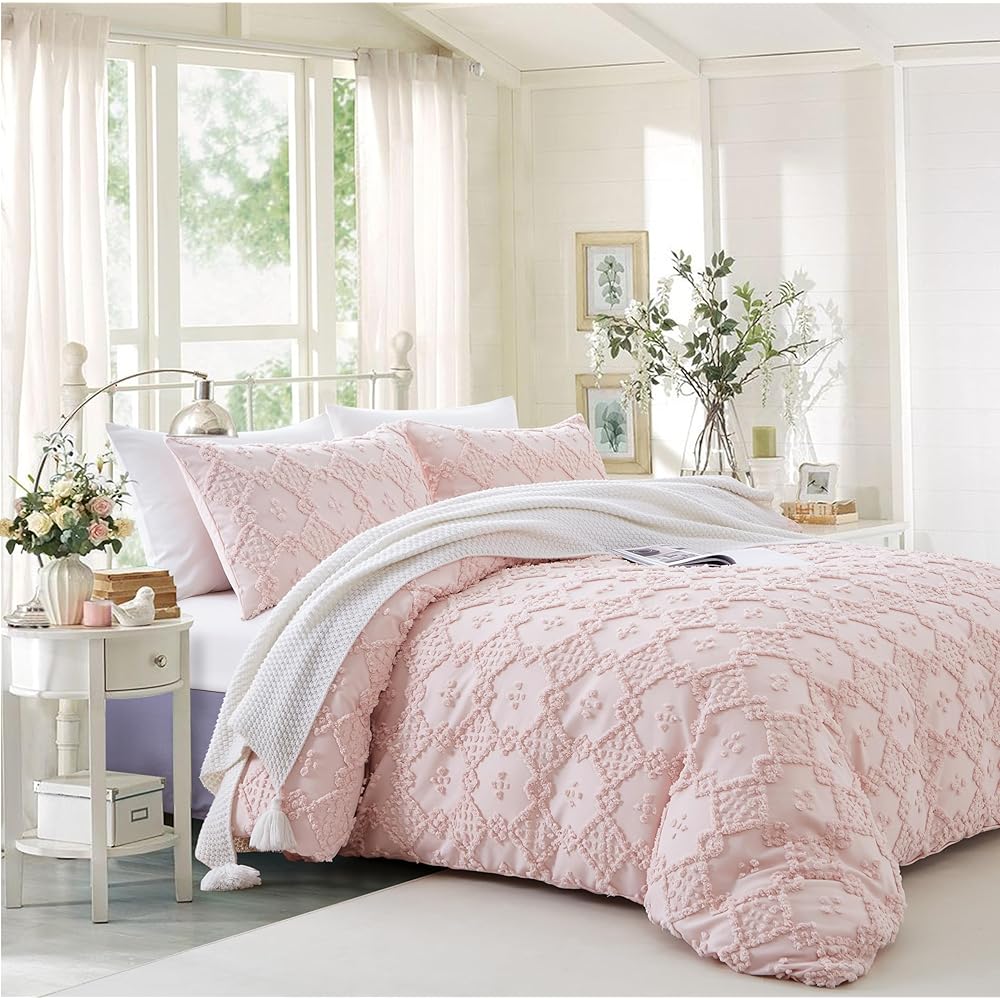 Tospass Housse de Couette Bohème Style 240x260cm Rose Tuftée Broderie Parure de lit Adulte Boho 2 Personnes avec Fermeture Éclair Parure Housse Couette en Microfibre avec 2 Taie d'oreiller 65x65cm : Cuisine et Maison