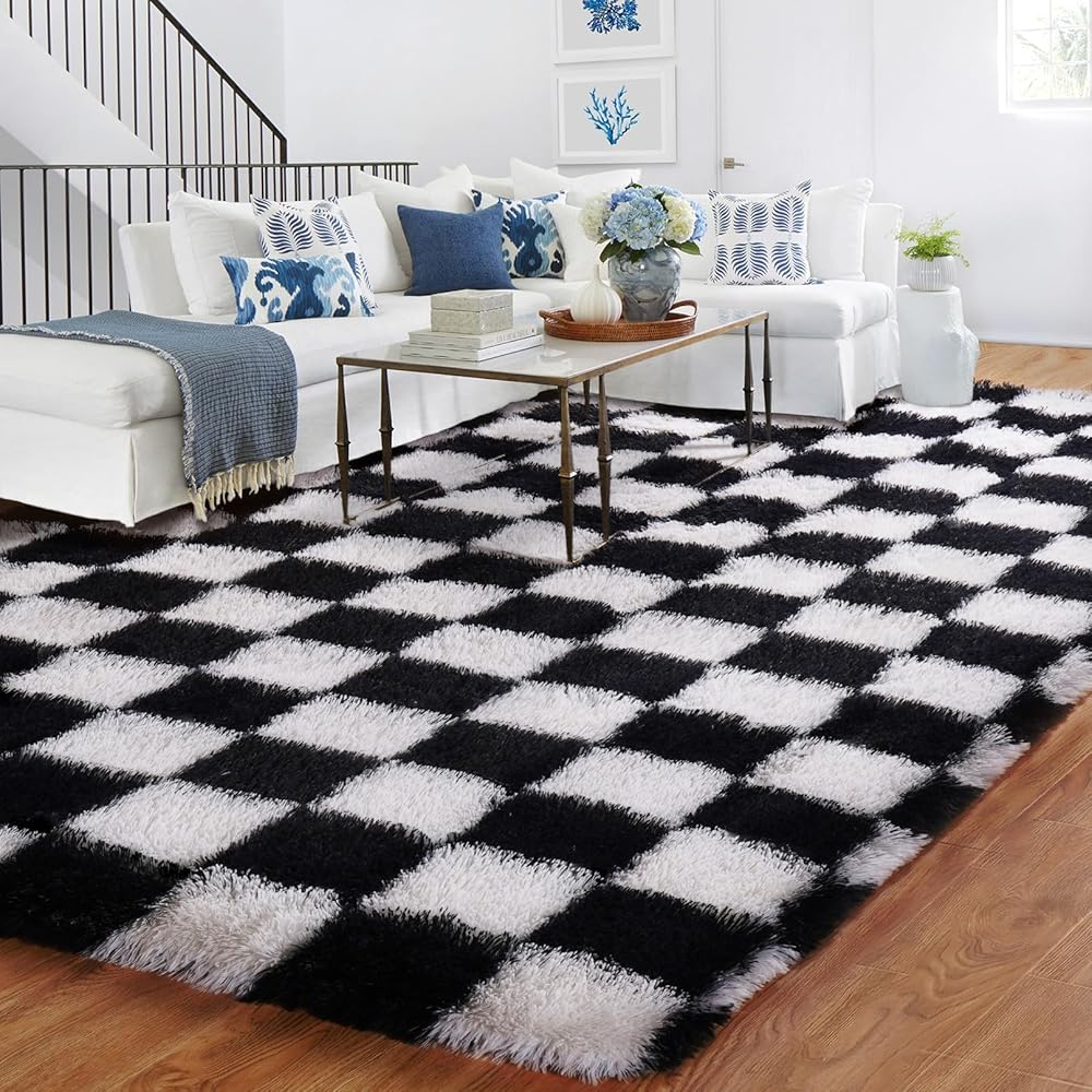 BYBSRLL Tapis à carreaux, 180 x 270 cm, noir et blanc, moelleux, pour salon, chambre à coucher, chambre à coucher ou d'enfant, doux : Cuisine et Maison