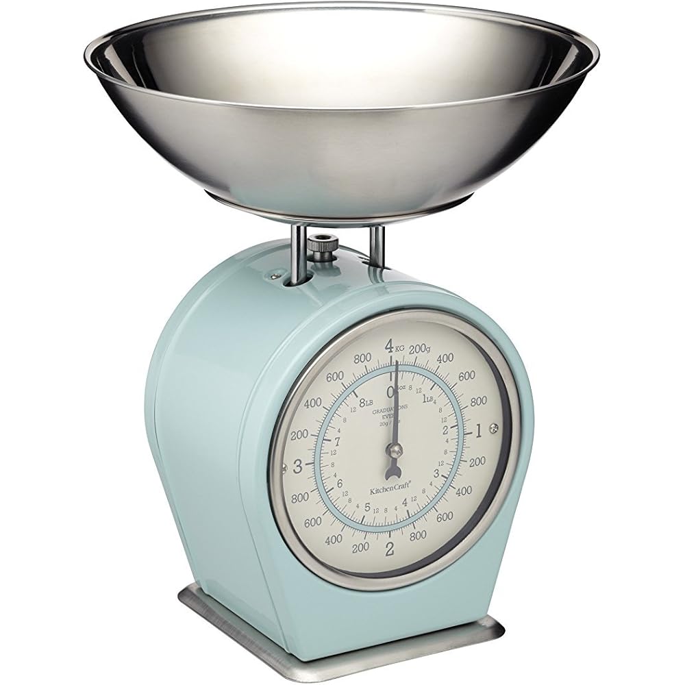 KitchenCraft Living Nostalgia Balance de cuisine mécanique avec bol dans une boîte cadeau, balance en fonte avec support en bois d'acacia, bleu vintage : Cuisine et Maison