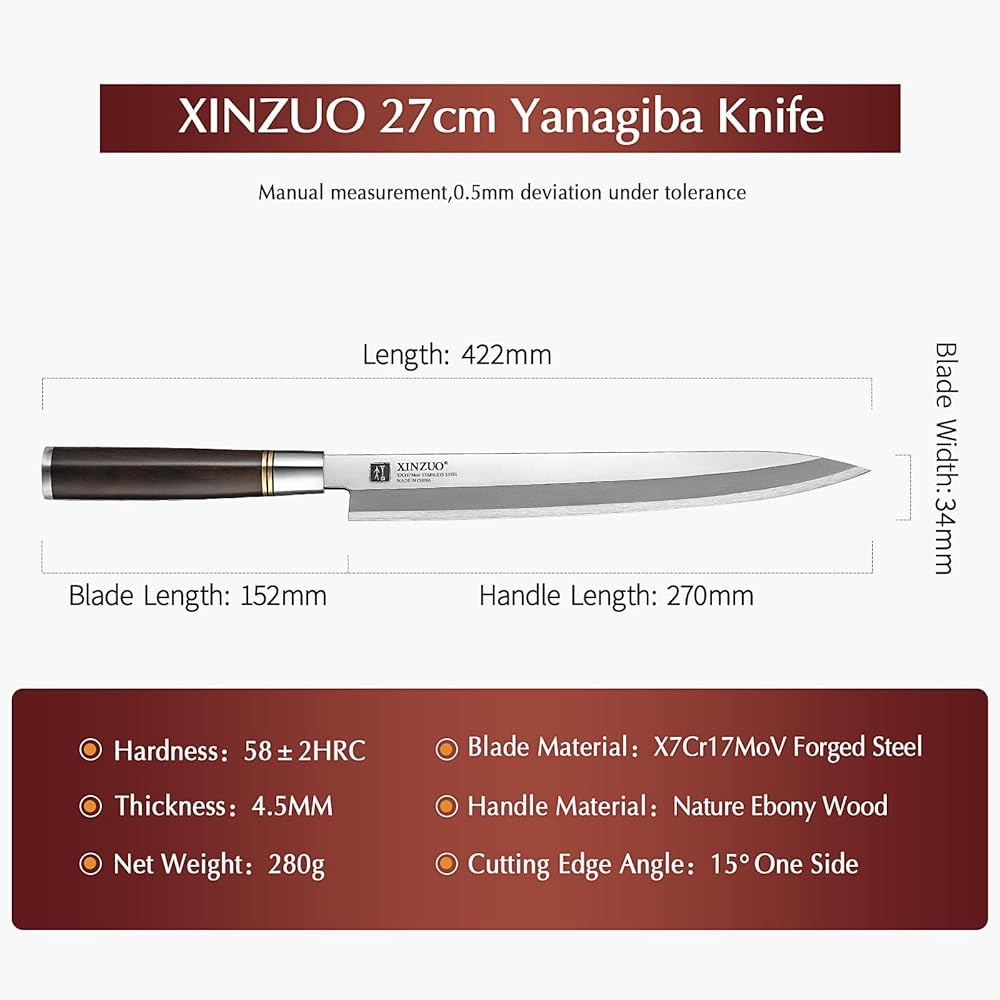 XINZUO 27cm Couteau Yanagiba X7Cr17MoV Acier Inoxydable, Professionnel Sushi Sashimi Couteau Cuisine Trancher, Lame Biseautée Unique, Ébène Manche en Bois -Fourreau en Bois de Bouleau : Cuisine et Maison