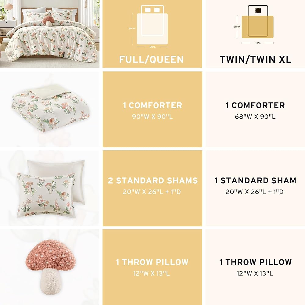 Intelligent Design Gwen Parure de lit 4 pièces en Microfibre légère pour Toutes Les Saisons, Oreiller décoratif et Couvre-Oreiller, Motif Floral fantaisiste et Champignon, lit Double/Grand lit, Vert : Cuisine et Maison