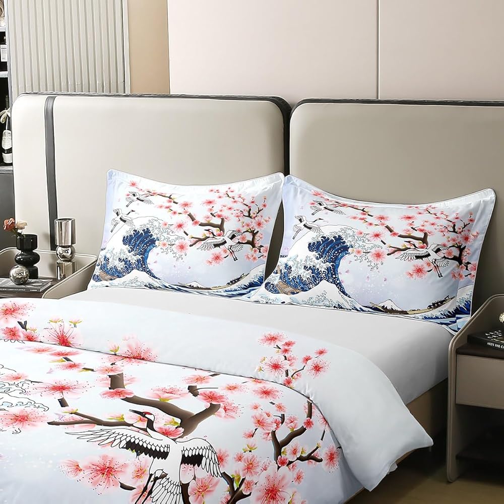 Homemissing Fleur de Cerisier Parure de lit 140x200cm 100% Coton Chic Crane Housse de Couette 100% Coton Enfants Vagues décoration Rose Ukiyo - e Japonais thème Ensemble avec 1 taie d'oreiller, : Cuisine et Maison