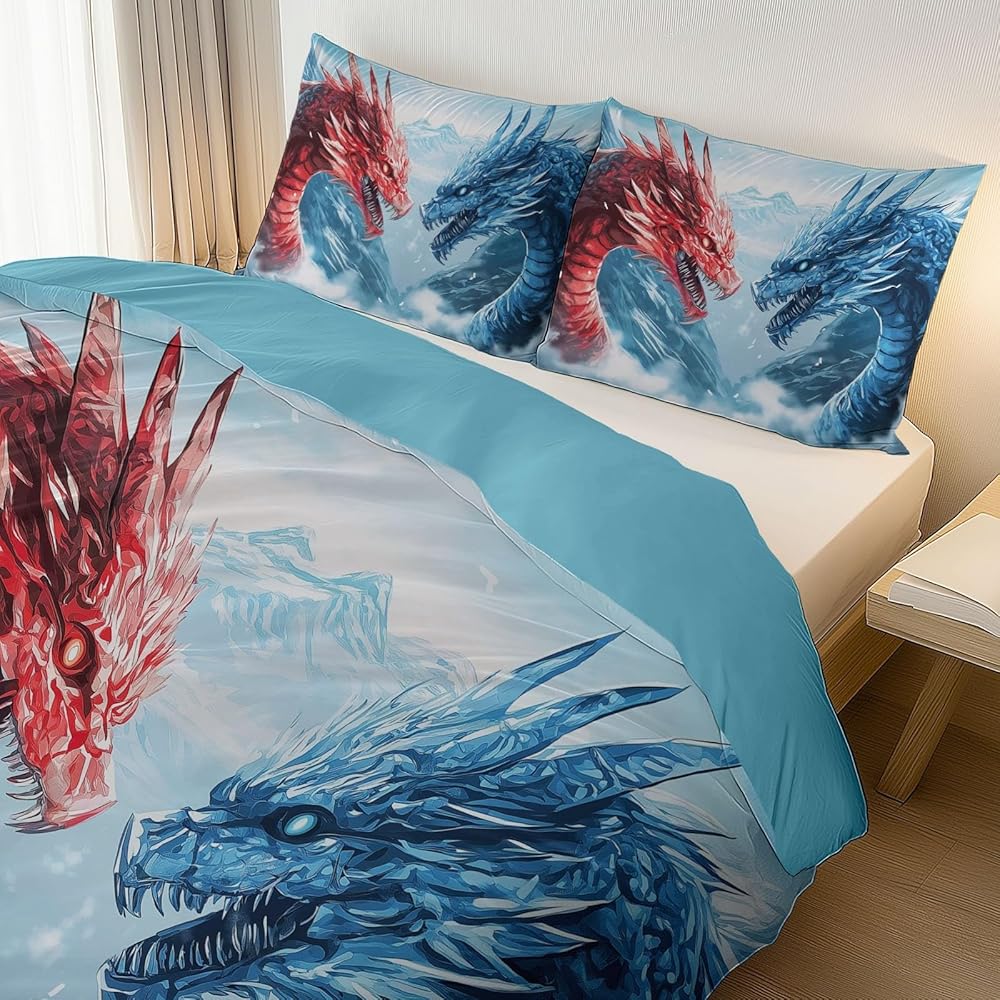 Housse de Couette Imprimé 260 x 240 cm Fantaisie Dragon Glace Et Neige Parure de lit Adulte avec Fermeture Éclair Sets de Housse Couette en Doux Microfibre avec 2 Taie d'oreiller 65x65cm, Bleu : Cuisine et Maison