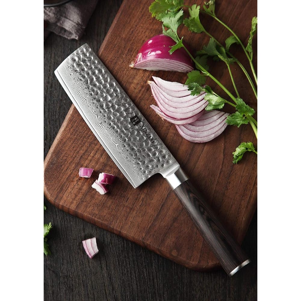 XINZUO 17cm Couteau Nakiri Acier Damas, Couteau à Légumes Chef en 10Cr15CoMoV Acier Damas, Professionnel Finition Martelée Lames Bien Tranchantes avec Poignée en Bois de Pakka -He Série : Cuisine et Maison