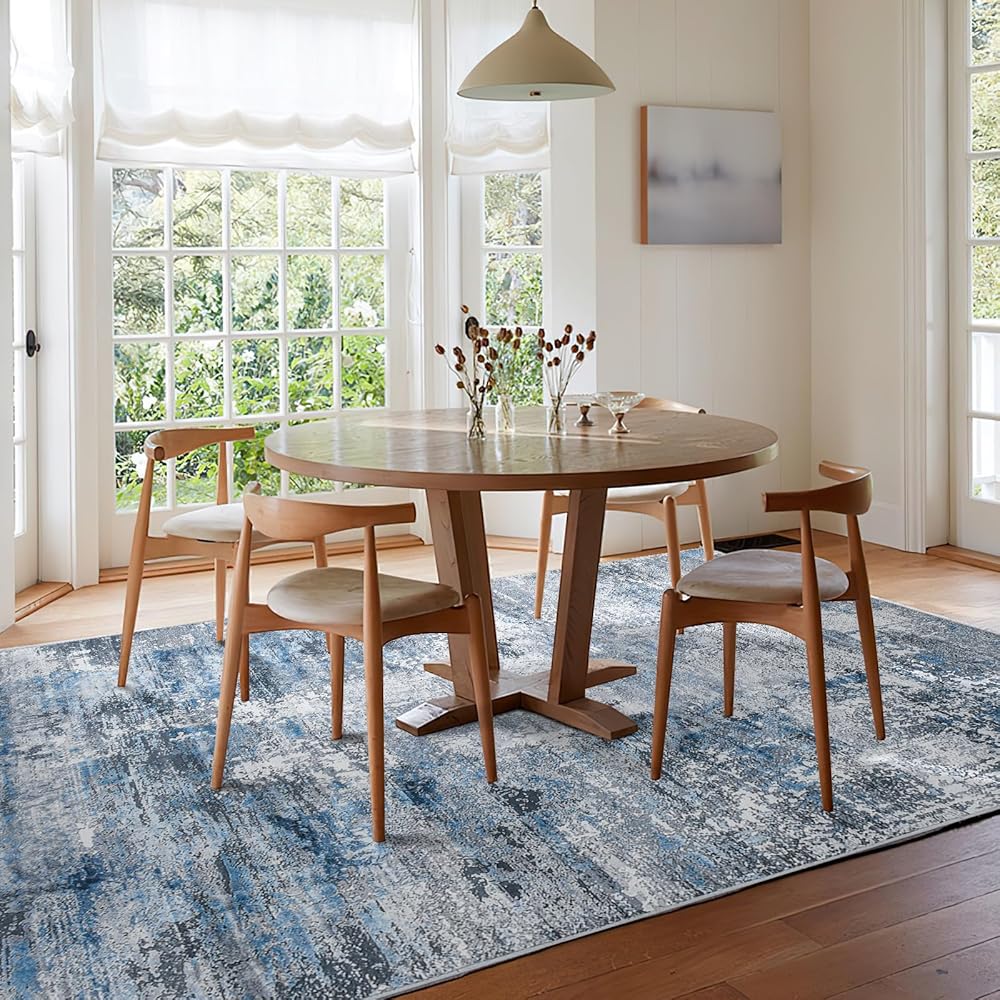 Guchuang Bedding Tapis de salon, 160 x 230 cm, bleu/gris, vintage, design abstrait, à poils courts, lavable, antidérapant, pour chambre à coucher : Cuisine et Maison