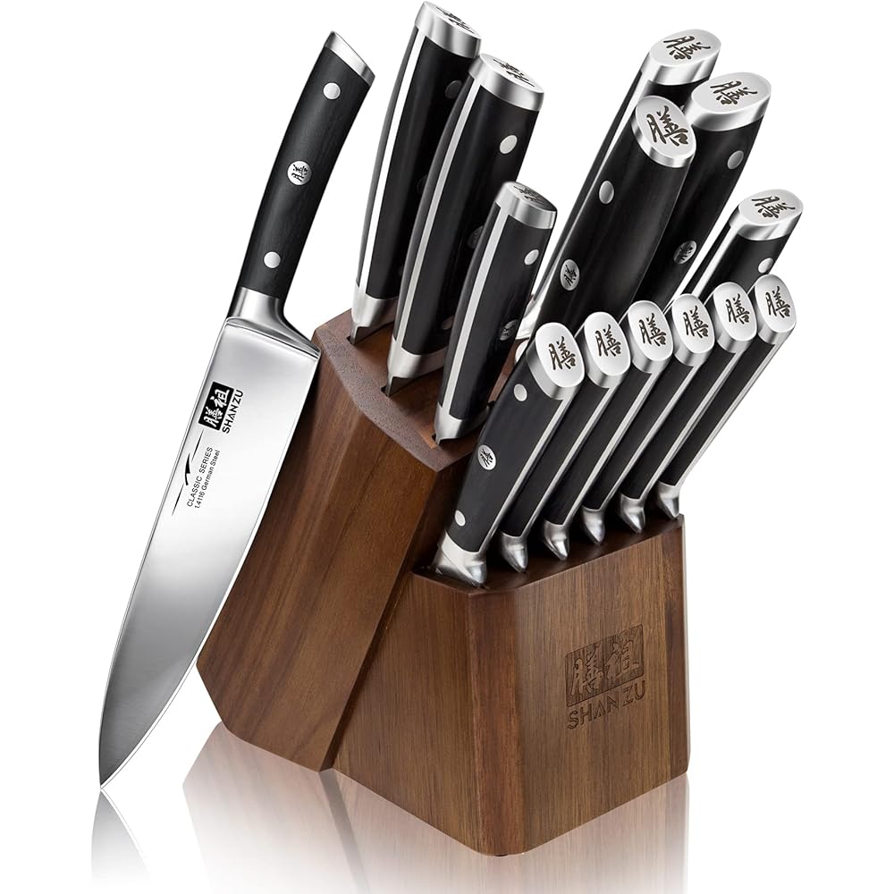 SHAN ZU Ensemble de Couteaux de Cuisine avec Bloc, Set de 14 Couteaux de Chef Allemands Professionnels avec Affûteur Fusil à Aiguiser : Cuisine et Maison