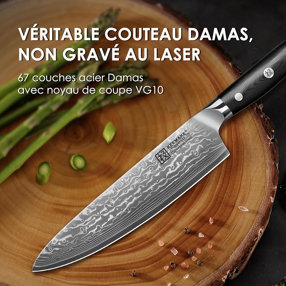 KEEMAKE Couteau Cuisine Professionnel Chef 20cm, Couteaux de Cuisine Damas Acier Japonais 67 Couches Poignée G10 pour Viande Légume : Cuisine et Maison