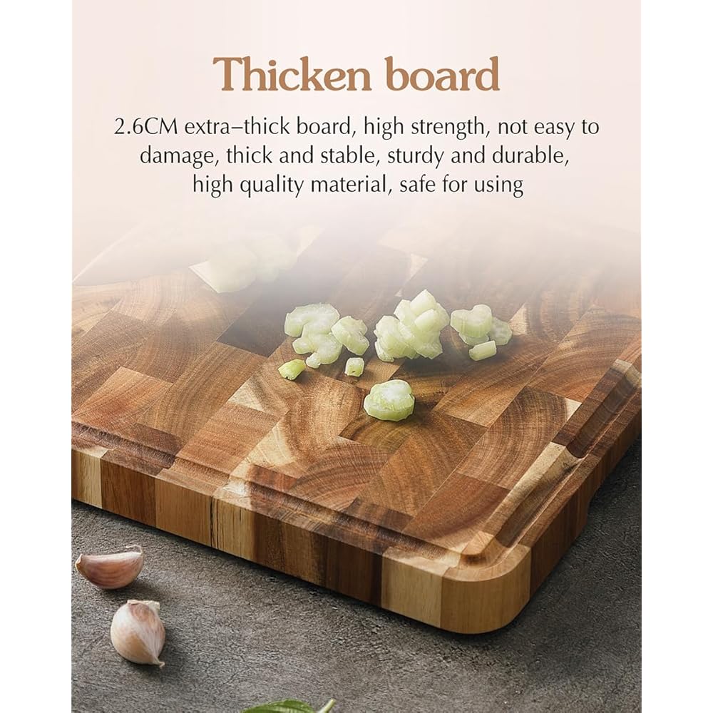 XINZUO Planche à Découper en Bois d'Acacia- Tranchoir Planchette Ustensile de Cuisine- Fabriquée à la Main en Bois End Grain- avec Pieds Antidérapants, Poignées Latérales et Rainure pour le Jus : Cuisine et Maison