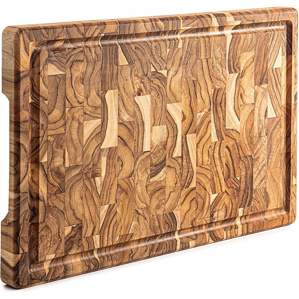 Erreke Planche a Decouper Bois, Bois de Teck End Grain, Couper Servir Viande Fromage Pain, Grande Planche à Découper, 44 x 29.5 x 3.2 cm (avec rainure pour le jus) : Cuisine et Maison
