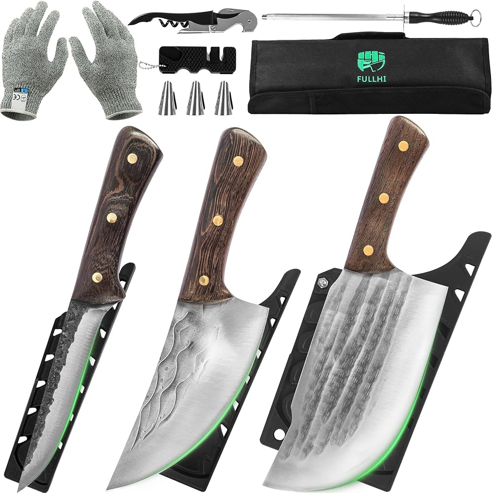 Couteau de boucher professionnel 9pcs Forgé à la main en acier à haute teneur en carbone Couteau de chef à viande avec sac à couteaux Pour la cuisine, le camping, le BBQ : Cuisine et Maison