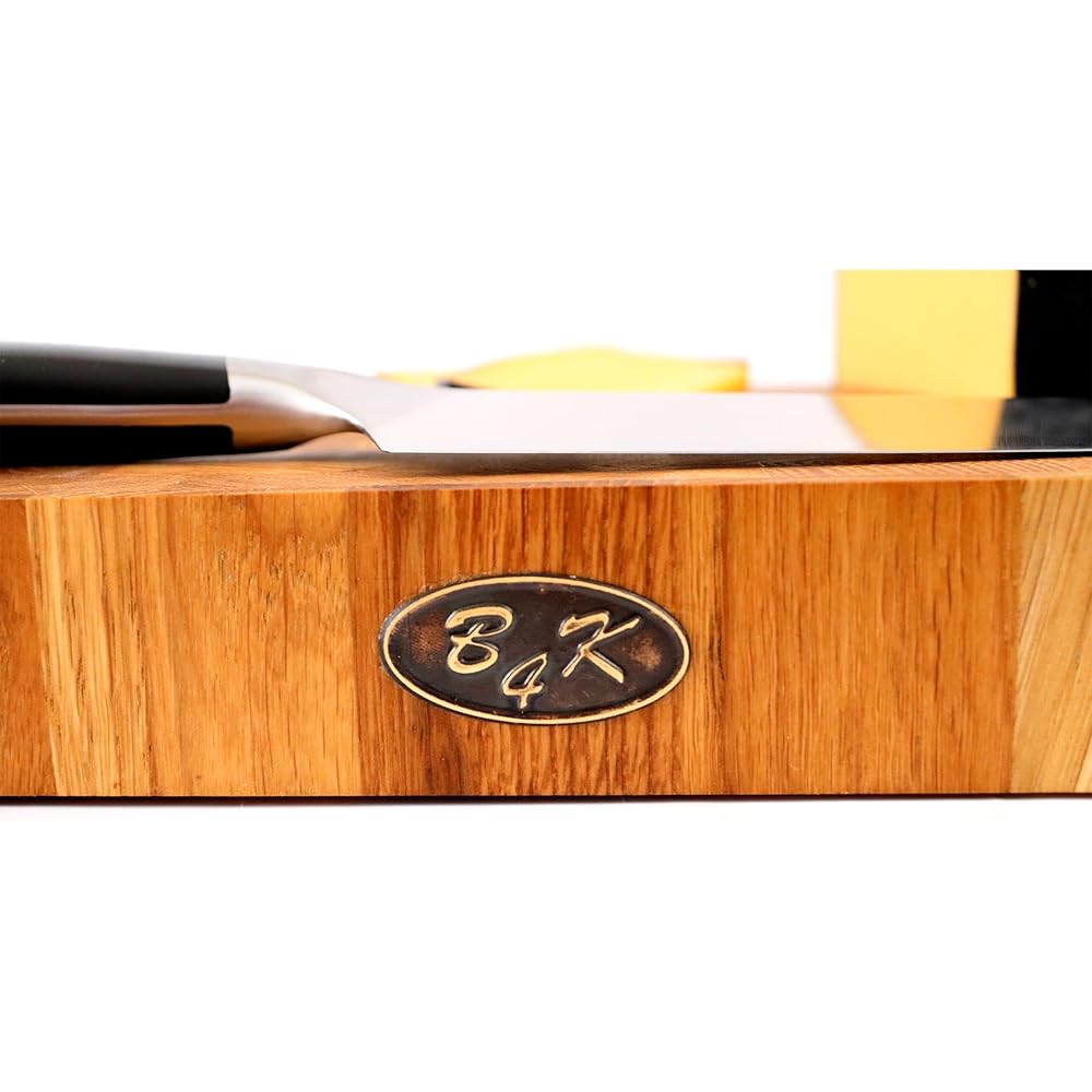 B4K® 37L x 27l cm Bloc à découper en chêne | Planche en bois de cerveau avec poignées et pieds en silicone | Planche en bois de cerveau antibactérienne | Planche à découper : Cuisine et Maison