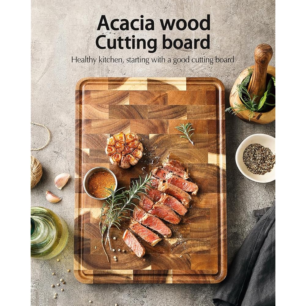 XINZUO Planche à Découper en Bois d'Acacia- Tranchoir Planchette Ustensile de Cuisine- Fabriquée à la Main en Bois End Grain- avec Pieds Antidérapants, Poignées Latérales et Rainure pour le Jus : Cuisine et Maison