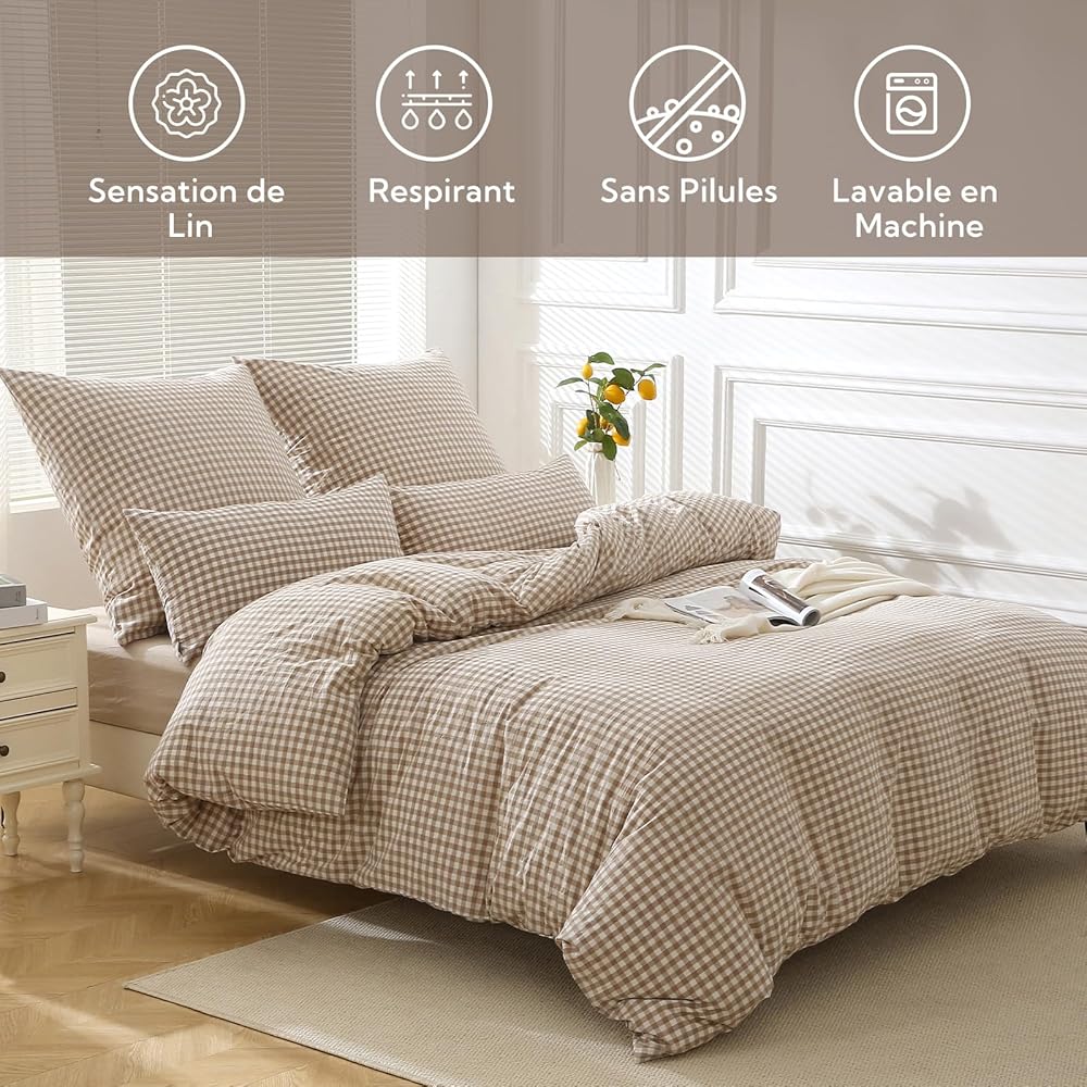 SOULFUL Housse de Couette 240x260 Coton à Carreaux, Beige Parure de Housse de Couette avec Fermeture Éclair, Certifié Oeko-TEX, Parure de Lit 2 Personne 240x260 Coton avec 2 Taie d'oreiller 65x65 cm : Cuisine et Maison