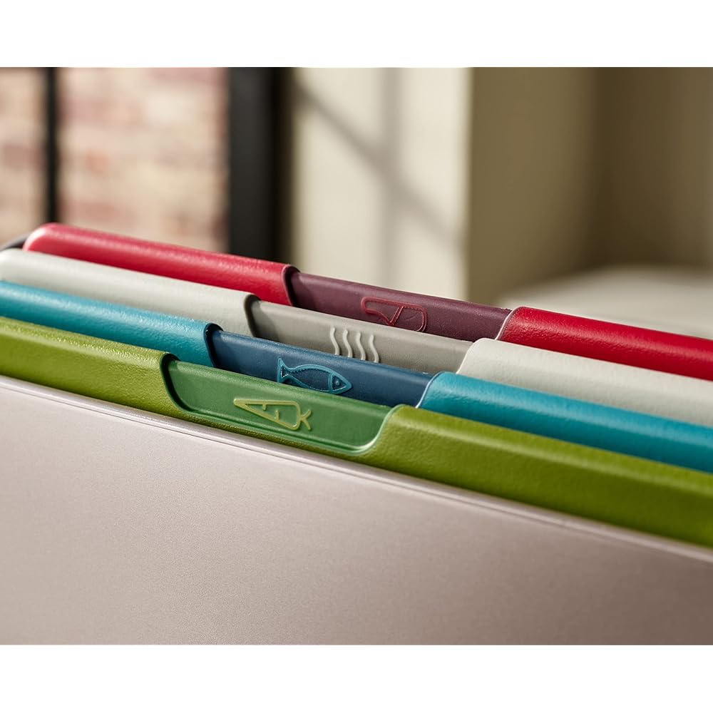 Joseph Joseph Folio Icon - Ensemble de 4 Planches à découper antidérapantes à Code Couleur avec étui de Rangement, Regular, Multicolore : Cuisine et Maison