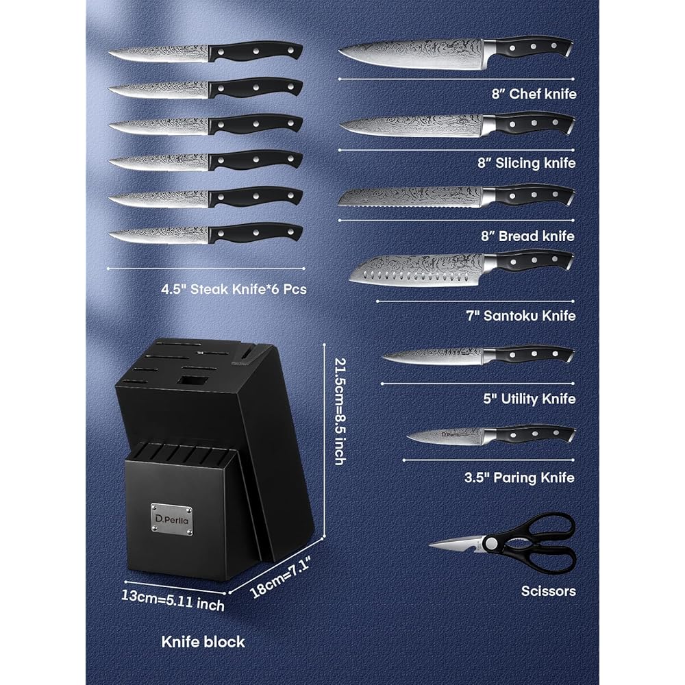 D.Perlla Couteau Cuisine, Bloc de Couteaux 14 pièces avec Affûteur Intégré, Bloc de Bois Noir, Couteaux Ciseaux, Acier Inoxydable, Manche Noir : Cuisine et Maison