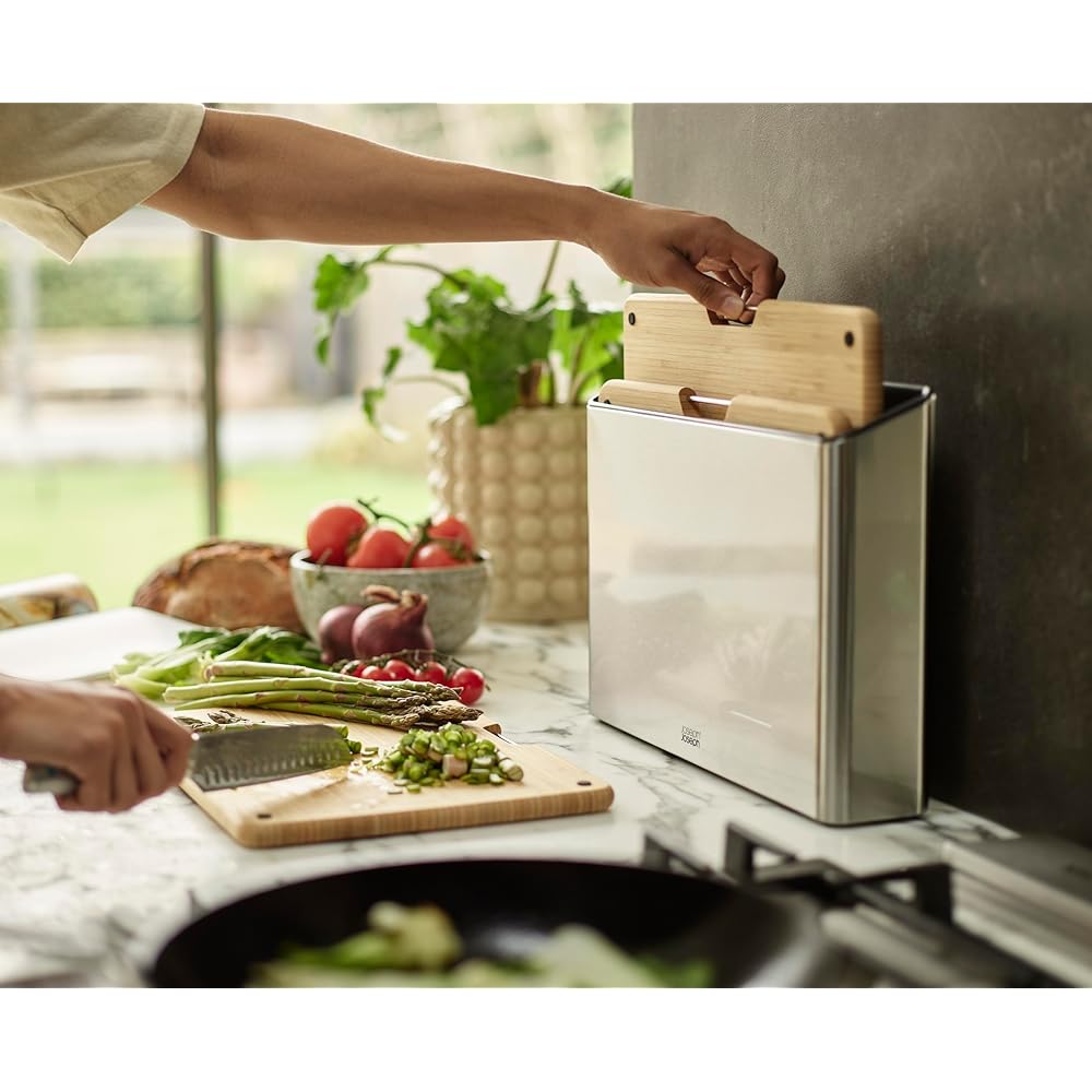 Joseph Joseph Folio Ensemble de 3 Planches à Découper de Cuisine en Bois, Antidérapantes, avec étui de rangement en Acier Inox, Grand : Cuisine et Maison