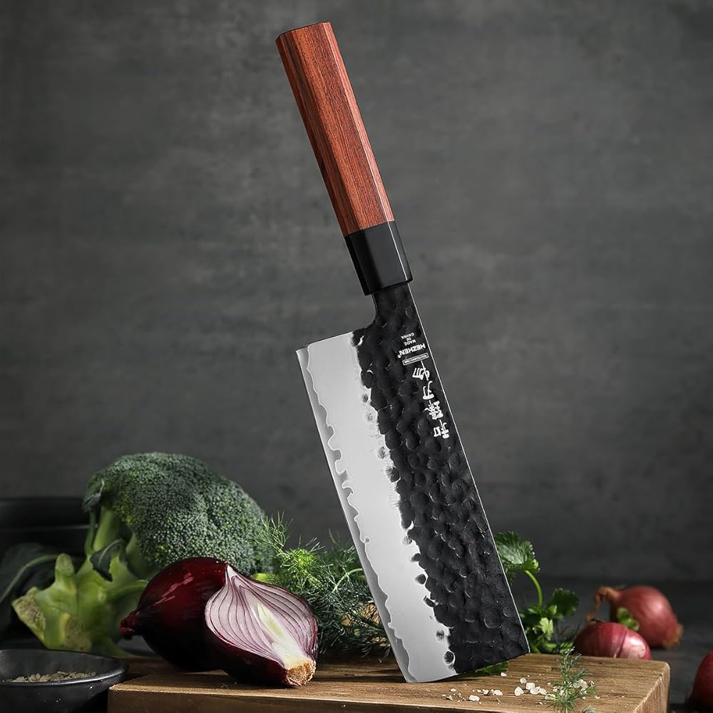 HEZHEN Couteau Nakiri Style japonais Couteau Couteau, Multi-Usages Couteau de chef Asiatique Pour Trancher la Viande et les Légumes, Manche Octogonal Ergonomique en Bois Rouge : Cuisine et Maison