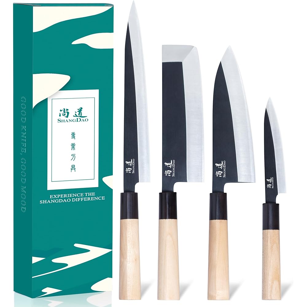 SHANGDAO Ensemble de 4 couteaux de chef de cuisine japonais, ensemble de couteaux à sushi, couteau de cuisine utilitaire Nakiri-Yanagiba-Deba : Cuisine et Maison