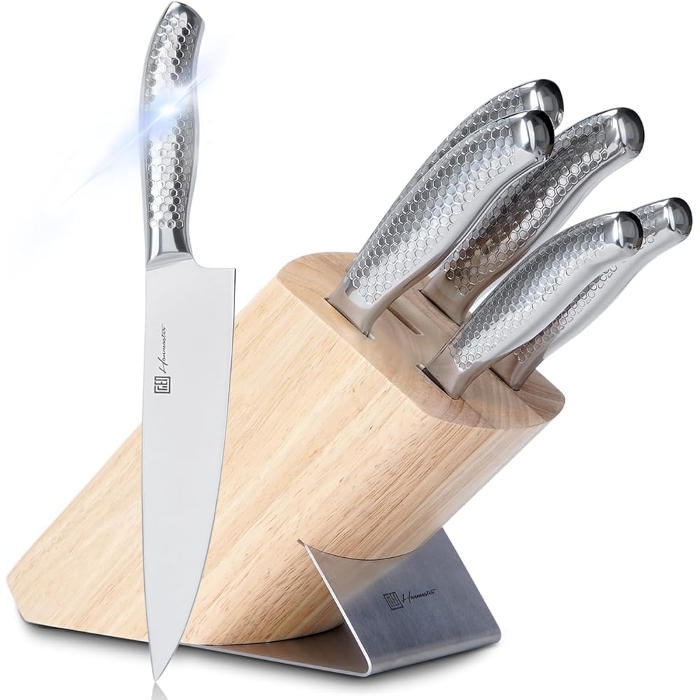 Ensemble de 7 couteaux avec bloc de couteaux, couteau de chef argenté avec manche en acier inoxydable, ensemble de couteaux de cuisine à motif nid d'abeille spécial : Cuisine et Maison