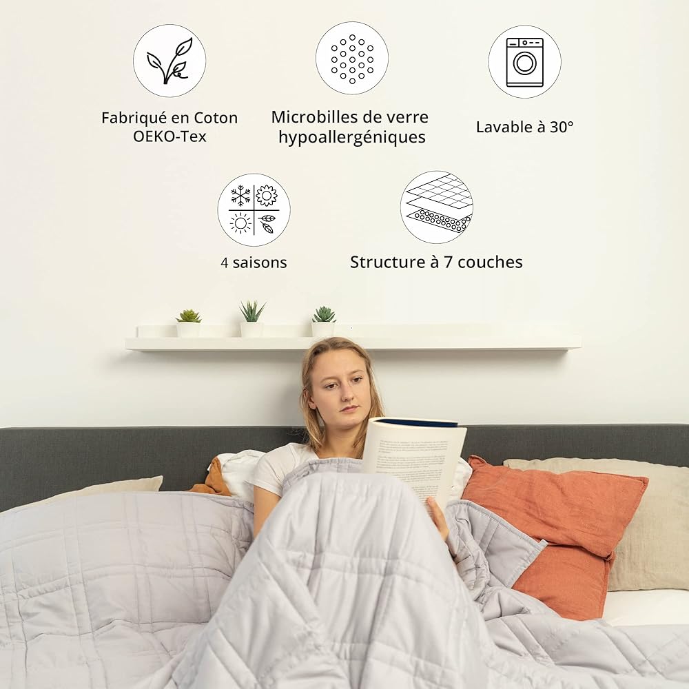 Ella Couverture Lestée Adulte 150x200cm 9kg - Couverture Pondérée Relaxante &amp; Calmante - 7 Couches, Perles de Verre Hypoallergéniques, Couche Externe Coton Doux &amp; Rafraîchissant - Weighted Blanket : Hygiène et Santé