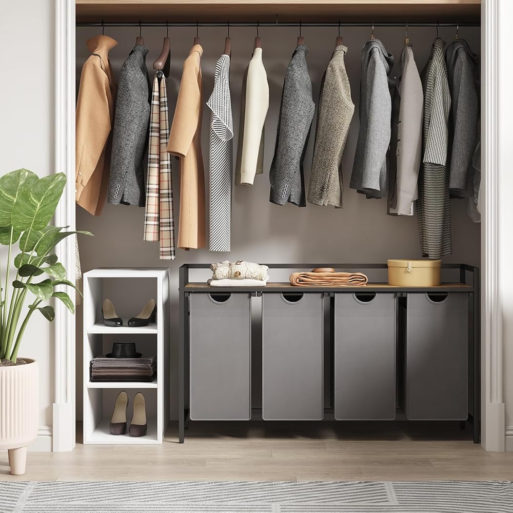 Lifewit Panier a Linge 4 Compartiments 168L, Meuble Linge Sale avec 4 Sac à Linge Sale en Tissu Oxford et Étagère en Métal, Bac à Linge pour Buanderie, Chambres, Salles de Bains, Dortoirs, Gris : Cuisine et Maison