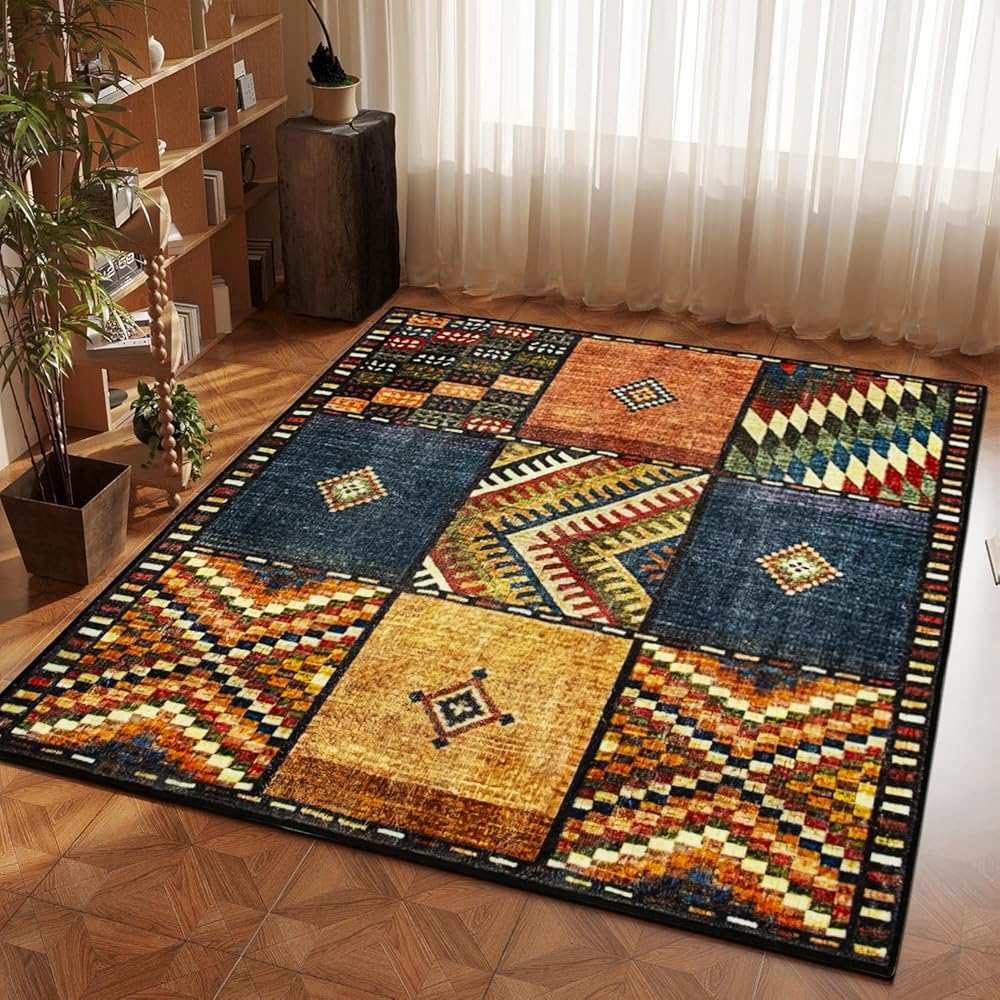 Tapis carré 200 x 200 cm pour salon, motif patchwork multicolore, doux au toucher, tapis antidérapant pour chambre à coucher, décoration d'intérieur. : Cuisine et Maison