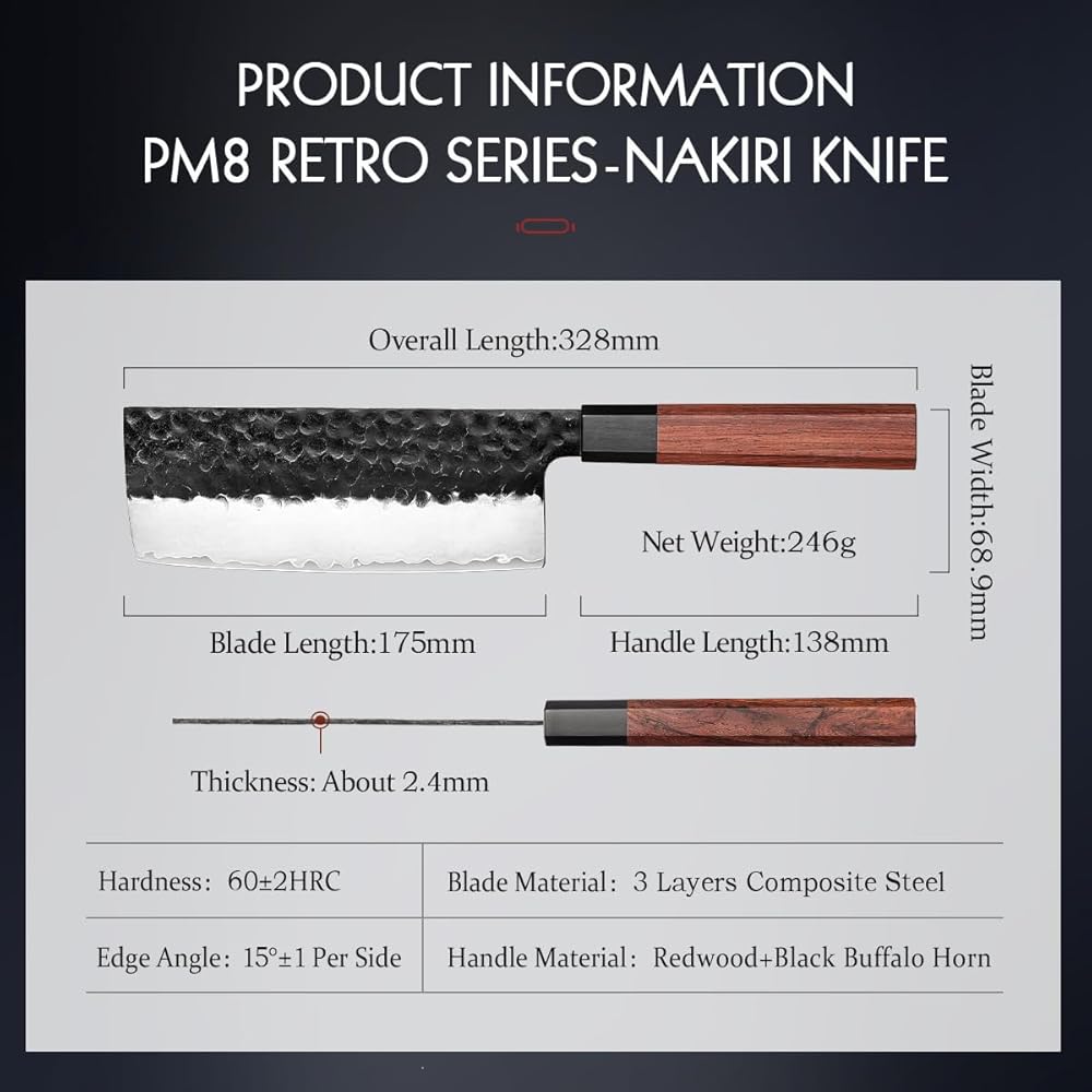 HEZHEN Couteau Nakiri Style japonais Couteau Couteau, Multi-Usages Couteau de chef Asiatique Pour Trancher la Viande et les Légumes, Manche Octogonal Ergonomique en Bois Rouge : Cuisine et Maison