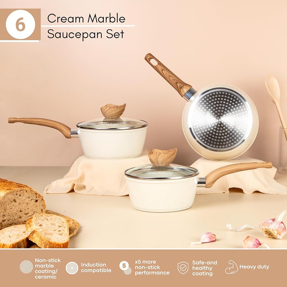 Nuovva Set de Casseroles Antiadhésives – Casserole à Induction avec Couvercle – Set de 3 Casseroles en Granit Crème – 16 cm, 18 cm, 20 cm – Par Nuovva. : Cuisine et Maison