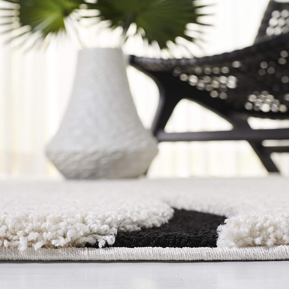 Safavieh Tapis Shag pour Salon, Salle à Manger, Chambre à Coucher - Florida Shag Collection, Tapis à Poil Long, Crème et Noir, 122 x 122 cm : Cuisine et Maison