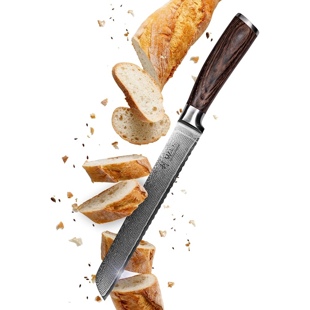 WAKOLI Edib Couteau à pain en Damas I Lame dentelée de 20 cm en acier damassé à 67 couches avec noyau VG10 et manche en bois de pakka I Couteau de cuisine professionnel &amp; couteau damassé : Cuisine et Maison