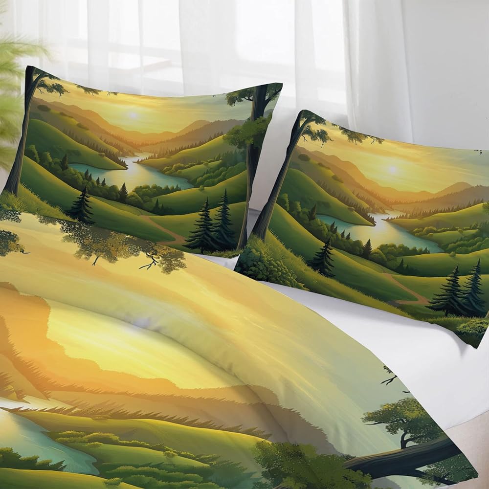 MULERN Parure de lit Coucher De Soleil Collines, Parure de Couette pour Enfants, Paysage Plantes Douce Microfibre Respirante 240x260cm Housse de Couette avec Fermeture éclair et 2 taie d'oreiller : Cuisine et Maison
