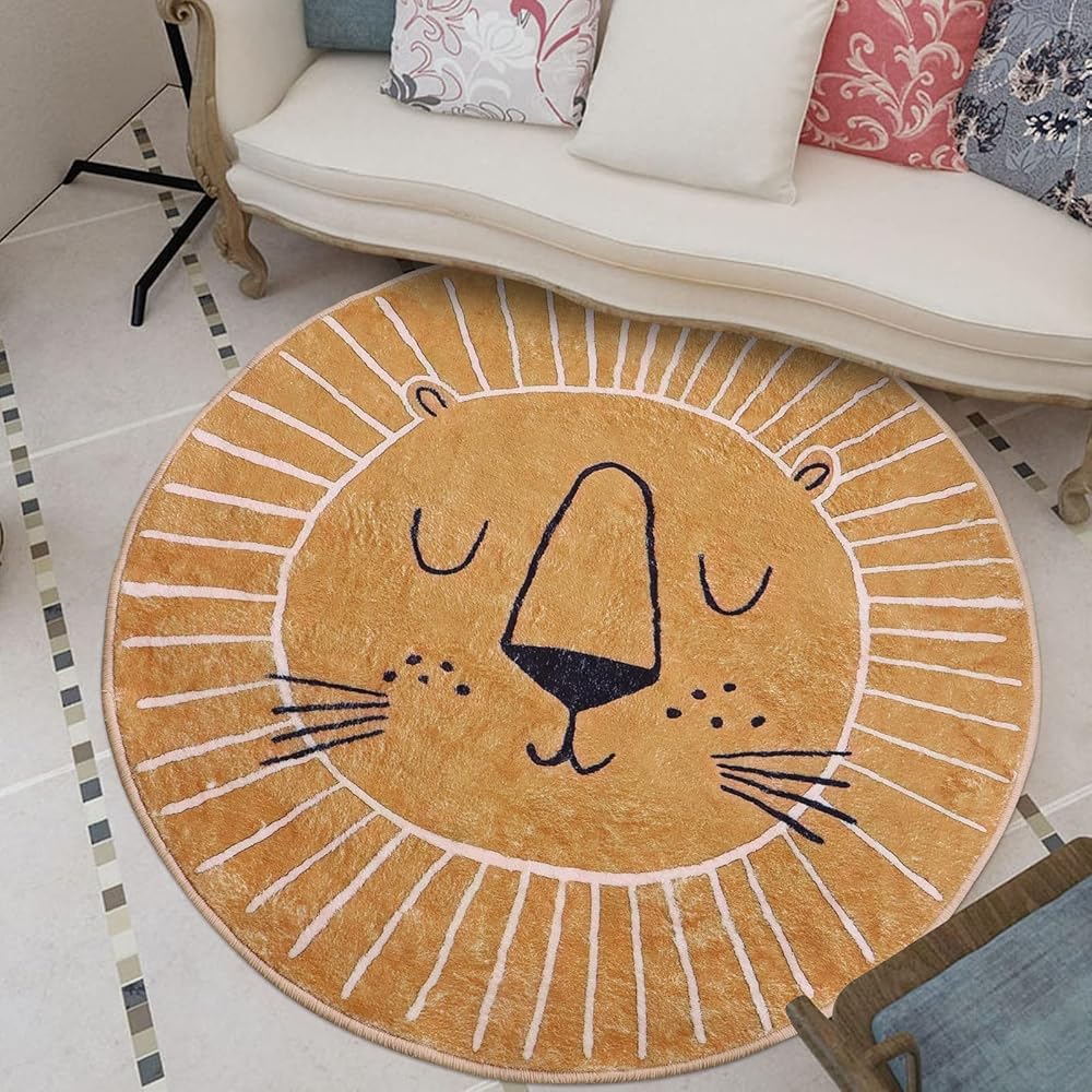 Rururug Tapis rond, diamètre 160 cm, marron, jaune, motif tête de lion, doux, en imitation cachemire, antidérapant, lavable, facile d'entretien : Cuisine et Maison