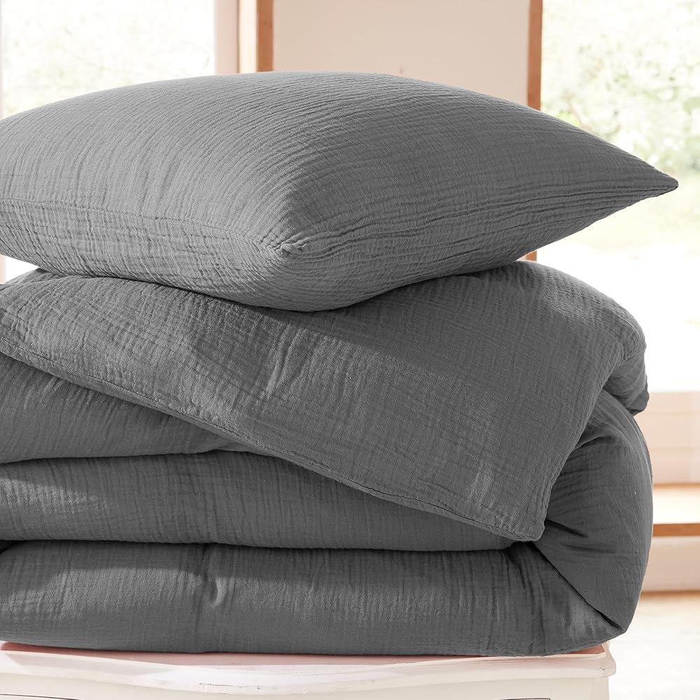 UNIVERSDECOR Parure de Couette Gaze de Coton 240 x 220 pour lit 2 Places 140 à 160 cm (Ardoise) : Cuisine et Maison